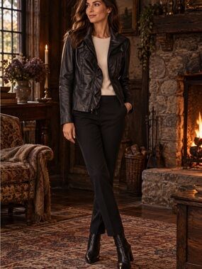 Tahari Brown Leather Ruffle-Front Jacket